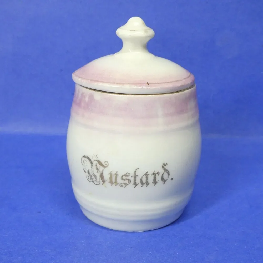 Porcelain Mustard Jar w/Lid Germany Pink White Antique